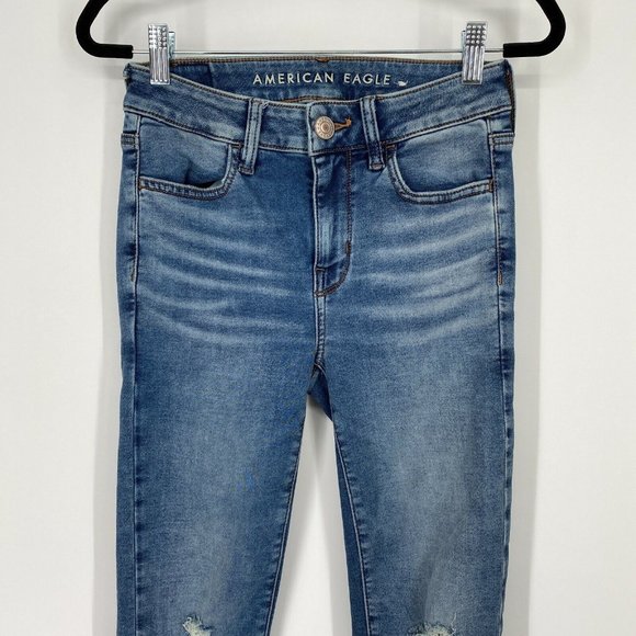 American Eagle Hi-Rise Jegging Jeans Womens Size 2 Stretch Distressed Denim Blue - Picture 2 of 12